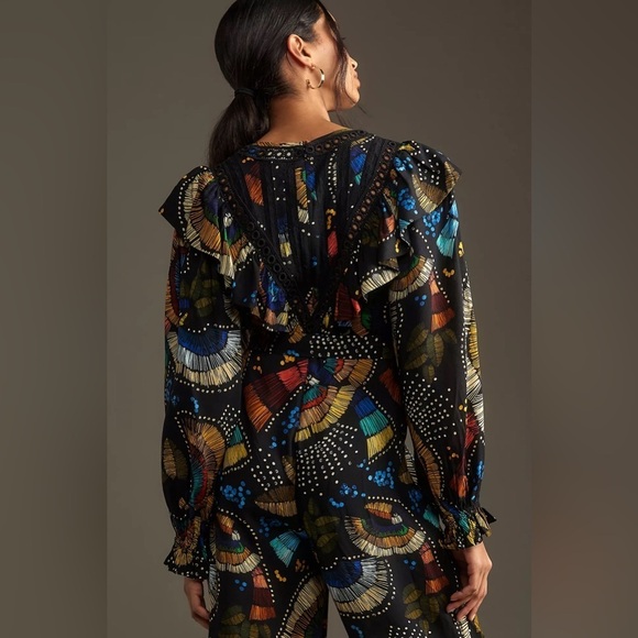 NWT Farm Rio x Anthropologie V-Neck Ruffle Printed Jumpsuit - Picture 2 of 4